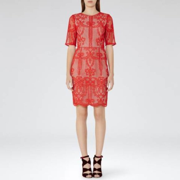 Reiss Zola Lace Overlay Scallop Edge Deep V Back Shift Dress - Picture 3 of 10